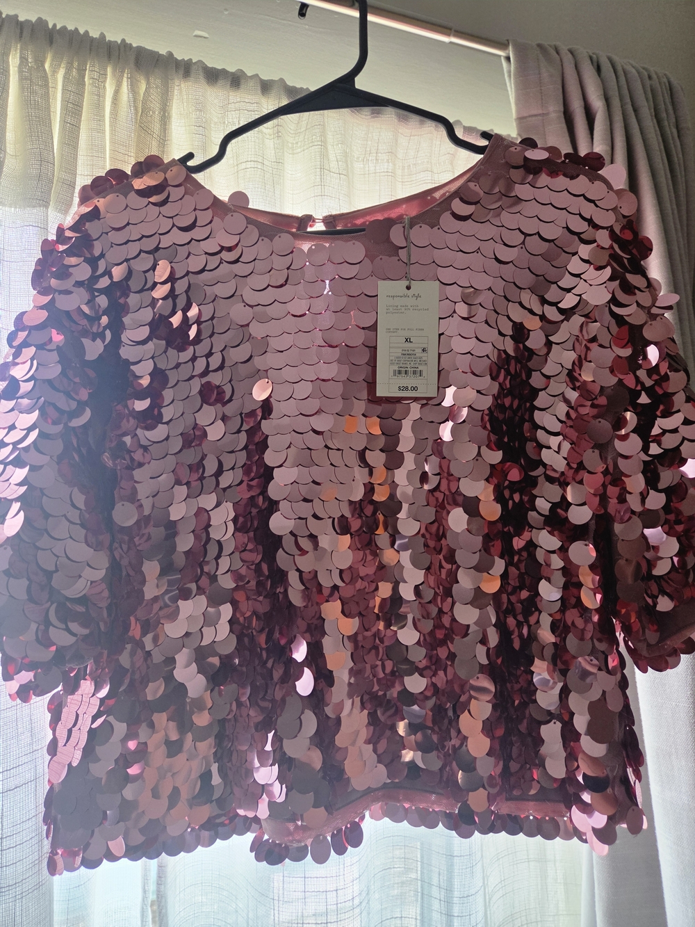 Sequin Short Sleeve Crop Top - Pink